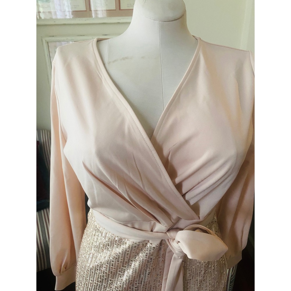 Grace Karin L Wrap Top Sequin Skirt Long Sleeve Sheath Dress Blush Pink Gold NWT - Picture 3 of 12
